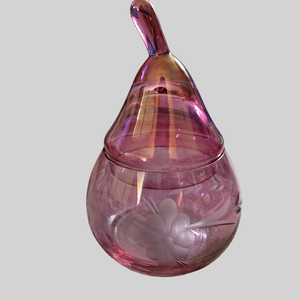 Vintage Cranberry Glass Etched Floral Pear Shaped Lidded Jar Pink Decorative